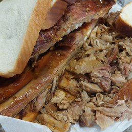 Archibald's Bbq signature dishes Ribs, Sliced Pork Sandwich, Fried Catfish